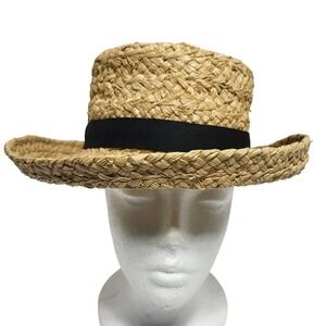 Scala Kids Straw Boater Hat Black Ribbon Bow Raffia Beach Sun Size Medium
